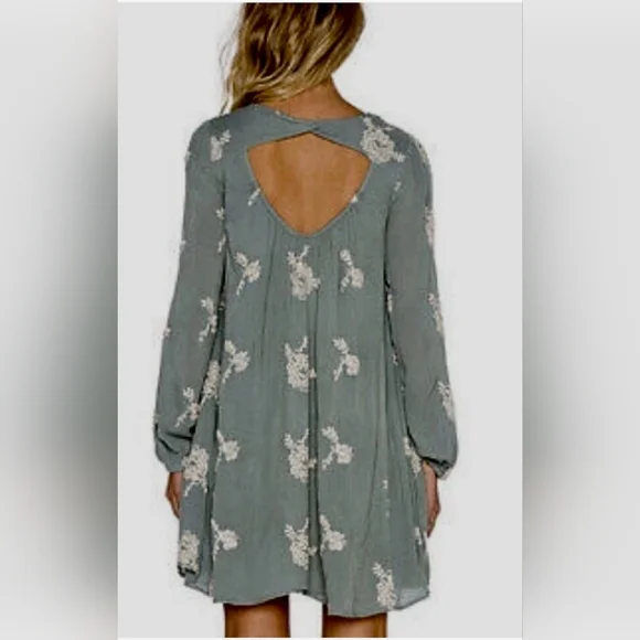 Free People Small Emmas Embroidery Sage Green Cocktail Dress Mini Long Sleeve - Picture 2 of 12